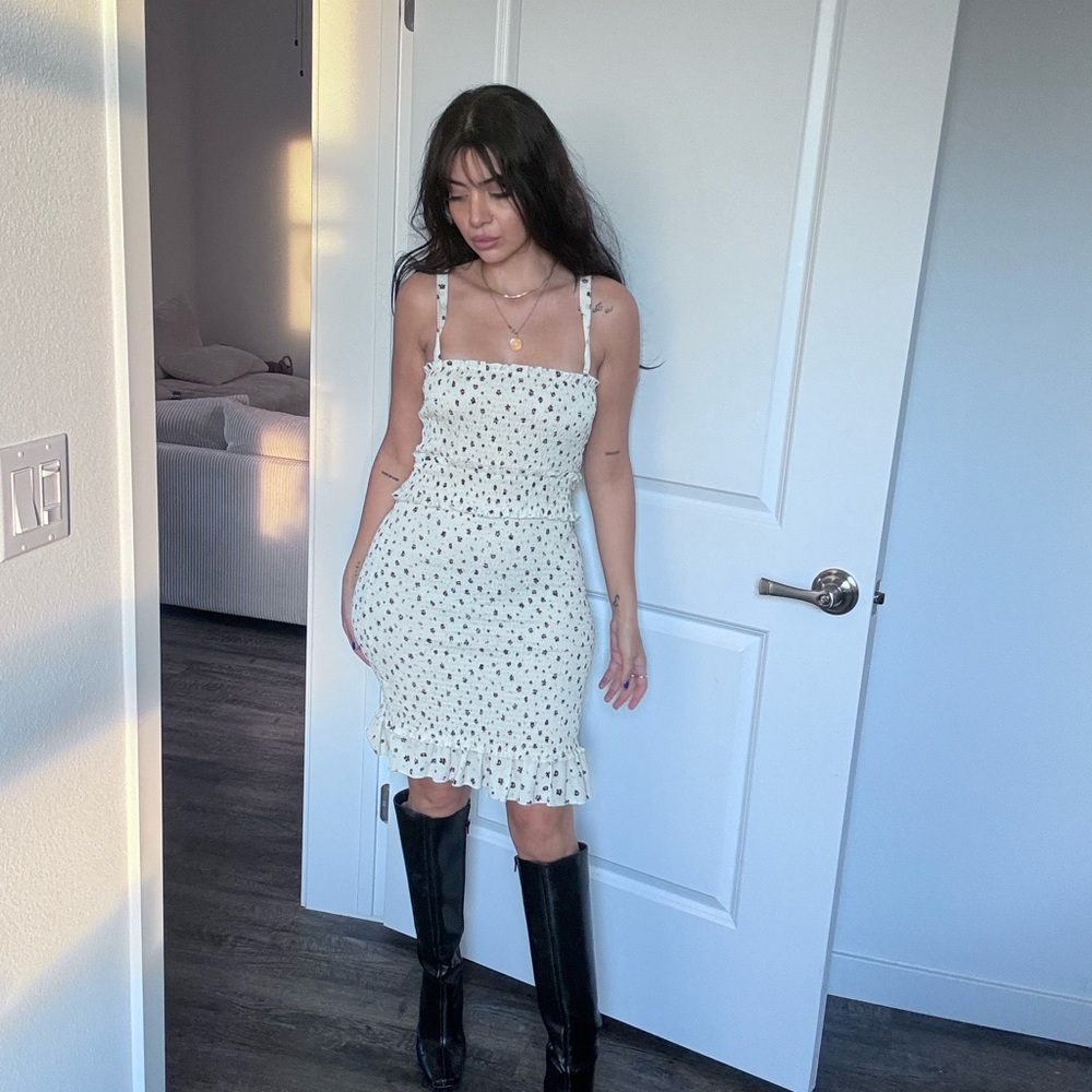 Beige Mini Sundress with Spaghetti Straps and Polka Dots